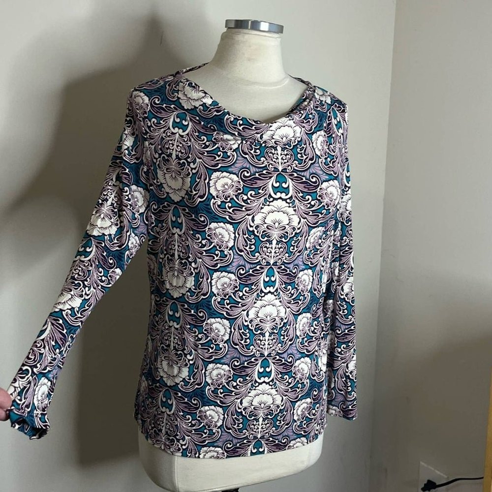 Talbots drape neck fleur de lis top purple aqua LP